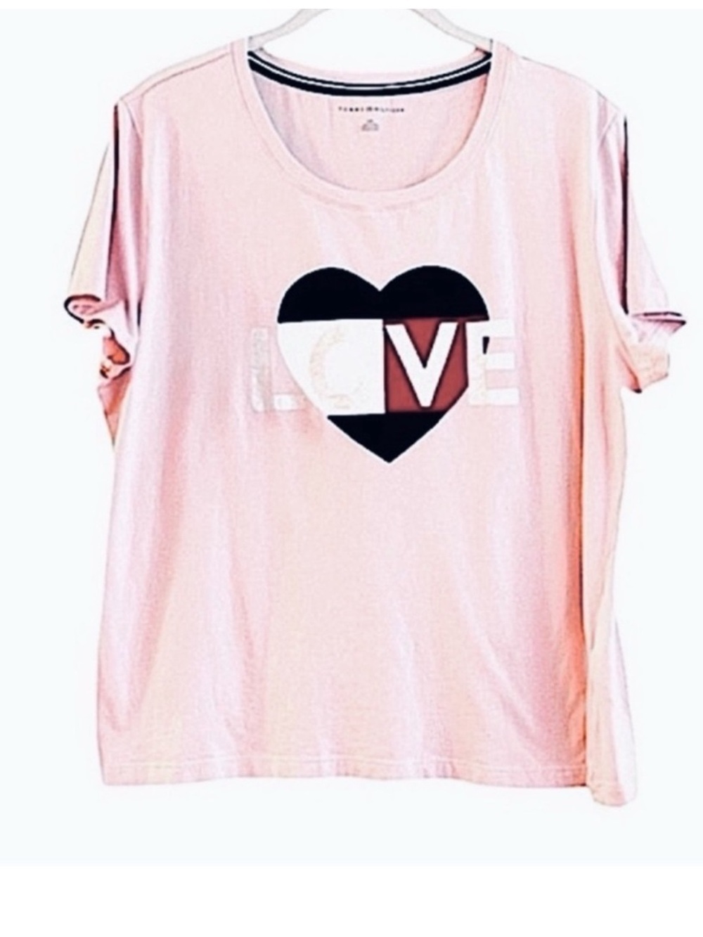 Tommy Hilfiger Short Sleeve Tee Graphic Love Heart Light Pink Silver Blue Size L